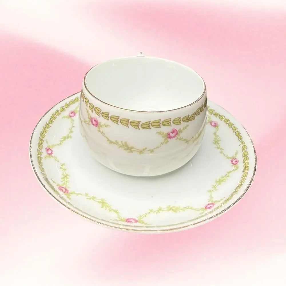 Antique Z.S. & C. Bavaria Teacup Saucer Pink Roses Gold Trim Cottagecore